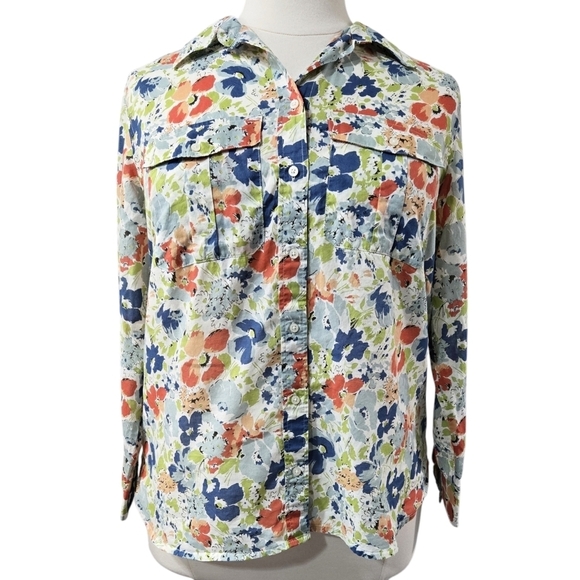 Lauren Ralph Lauren 100% Cotton Multicolor Floral Voile Button-Up Shirt Ditsy - Picture 1 of 10
